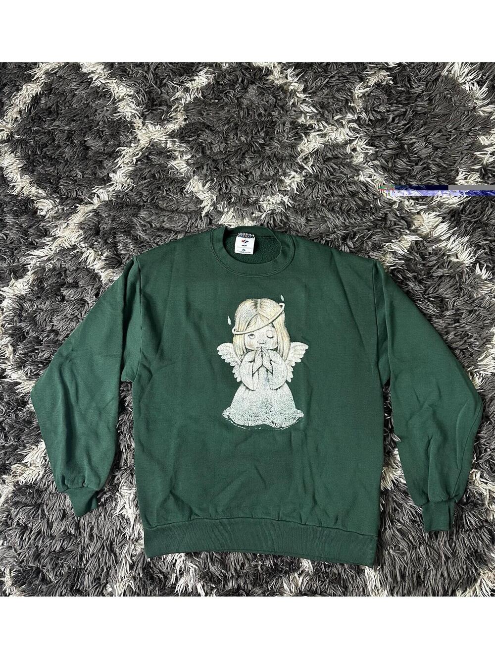 Vintage 90s Jerzees NuBlend Angel Sweatshirt Large Green Crewneck Made in USA L